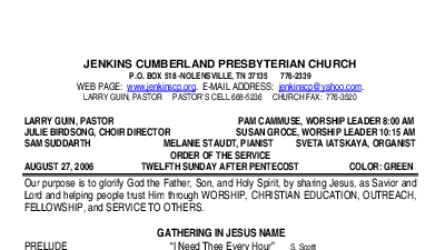 08/27/2006 Weekly Newsletter containing sermon Sunday Worship