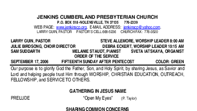 09/17/2006 Weekly Newsletter containing sermon Sunday Worship
