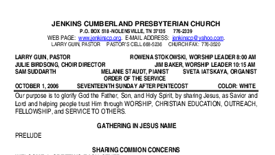 10/01/2006 Weekly Newsletter containing sermon Sunday Worship