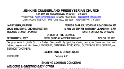 02/04/2007 Weekly Newsletter containing sermon Sunday Worship