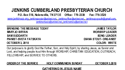 10/03/2010 Weekly Newsletter containing sermon Sunday Worship
