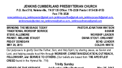 05/26/2013 Weekly Newsletter containing sermon Sunday Worship