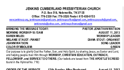 08/11/2013 Weekly Newsletter containing sermon Sunday Worship