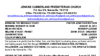 08/25/2013 Weekly Newsletter containing sermon Sunday Worship