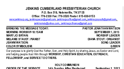 09/01/2013 Weekly Newsletter containing sermon Sunday Worship