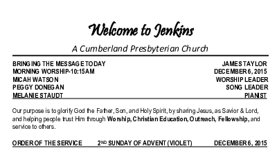 12/06/2015 Weekly Newsletter containing sermon Sunday Worship