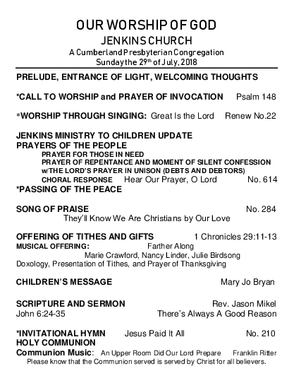 08/05/2018 Weekly Newsletter containing sermon Special Event