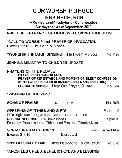 09/16/2018 Weekly Newsletter containing sermon Exodus 3:1-10 Disputed
