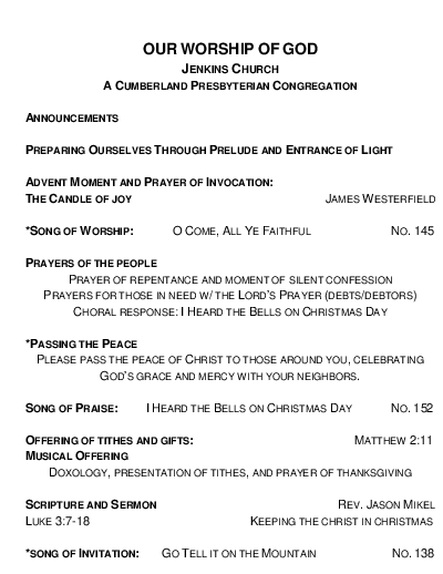 12/16/2018 Weekly Newsletter containing sermon Christmas Cantata