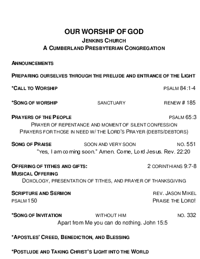 10/20/2019 Weekly Newsletter containing sermon Psalm 150 Praise The Lord!