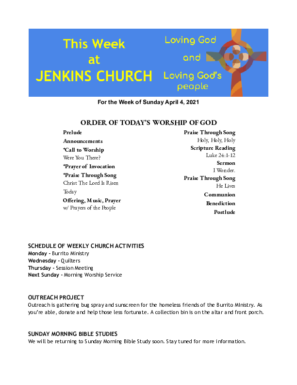 04/04/2021 Weekly Newsletter containing sermon Luke 24:1-12 I Wonder.