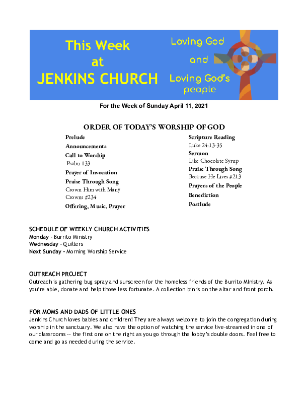 04/11/2021 Weekly Newsletter containing sermon Luke 24:13-35 Like Chocolate Syrup