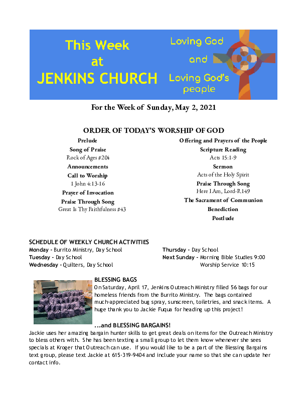 05/02/2021 Weekly Newsletter containing sermon Acts 15:1-9 Acts of the Holy Spirit