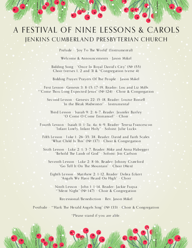 12/19/2021 Weekly Newsletter containing sermon A FESTIVAL OF NINE LESSONS AND CAROLS