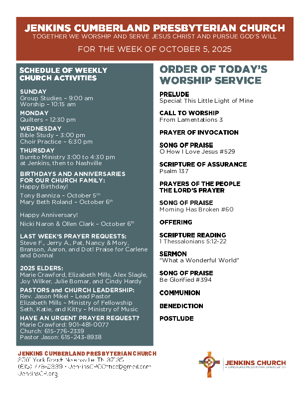 10/05/2025 Weekly Newsletter containing sermon 1 Thes 5:12-22 What a Wonderful World