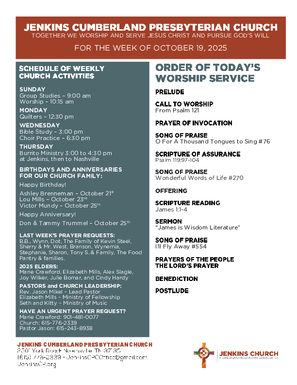 10/19/2025 Weekly Newsletter containing sermon James 1:1-4 James is Wisdom Literature