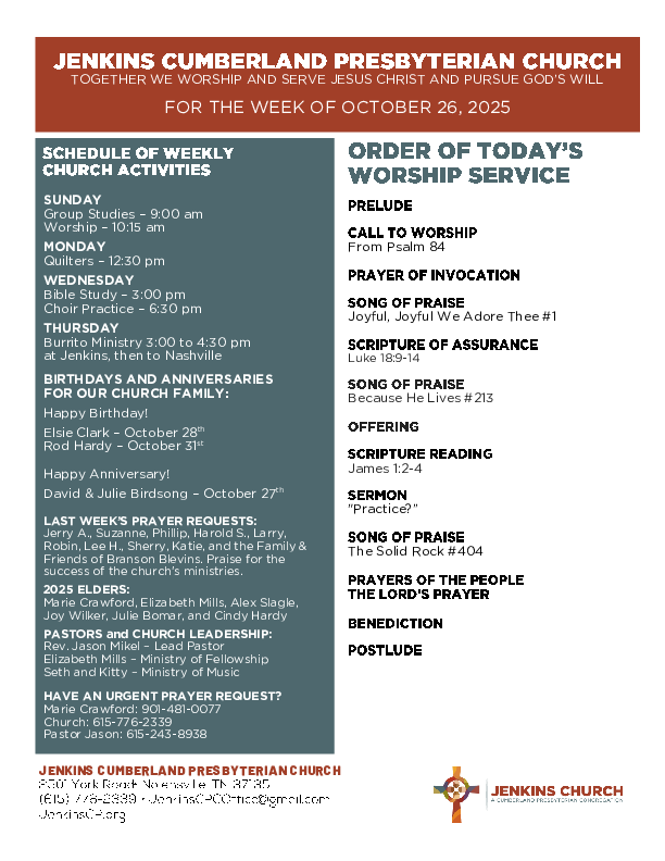 10/26/2025 Weekly Newsletter containing sermon James 1:2-4 Practice?