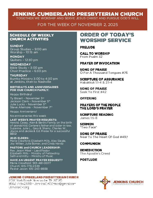 11/02/2025 Weekly Newsletter containing sermon James 1:5-8 Two Face