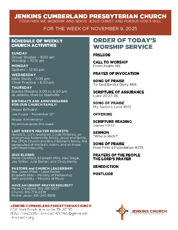 11/09/2025 Weekly Newsletter containing sermon James 1:9-12 Who is Rich?