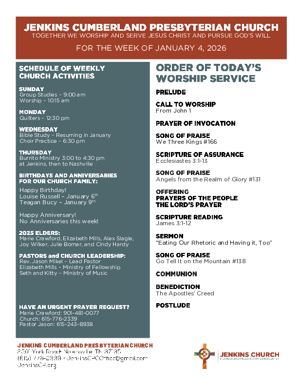 01/04/2026 Weekly Newsletter containing sermon James 3:1-12 Eating Our Rhetoric and Having it, Too