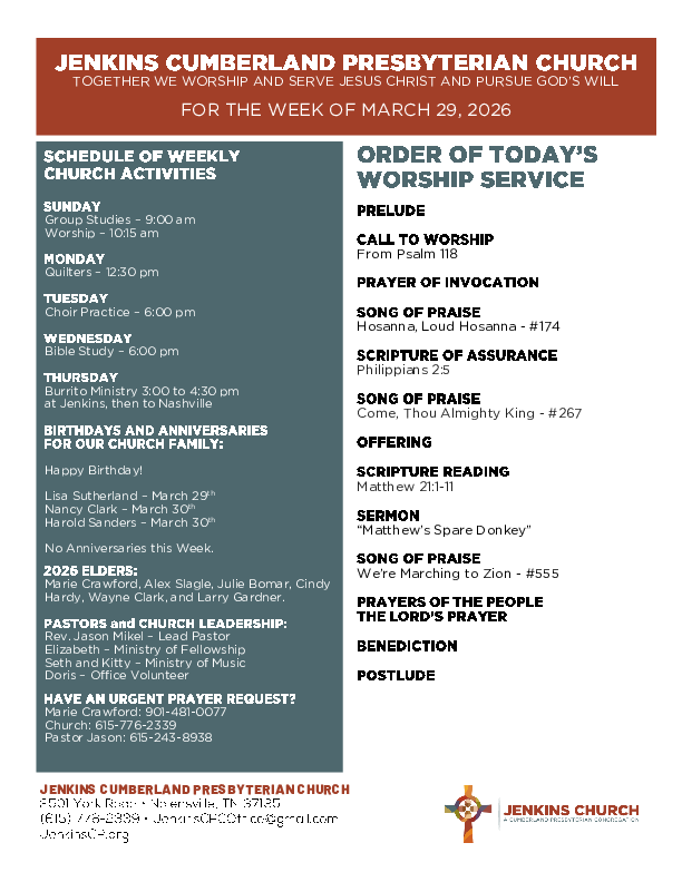 03/29/2026 Weekly Newsletter containing sermon Matthew 21:1-11 Matthew's Spare Donkey