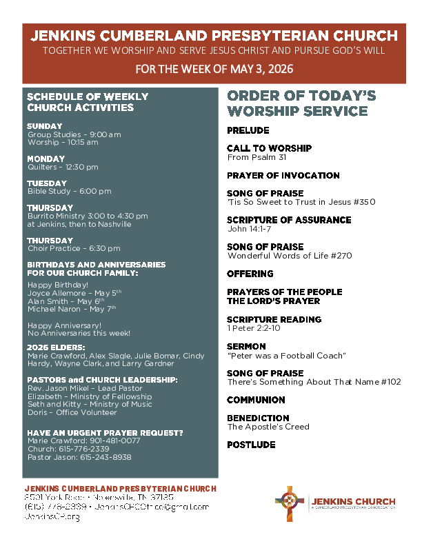 05/03/2026 Weekly Newsletter containing sermon 1 Peter 2:2-10 Peter was a Football Coach
