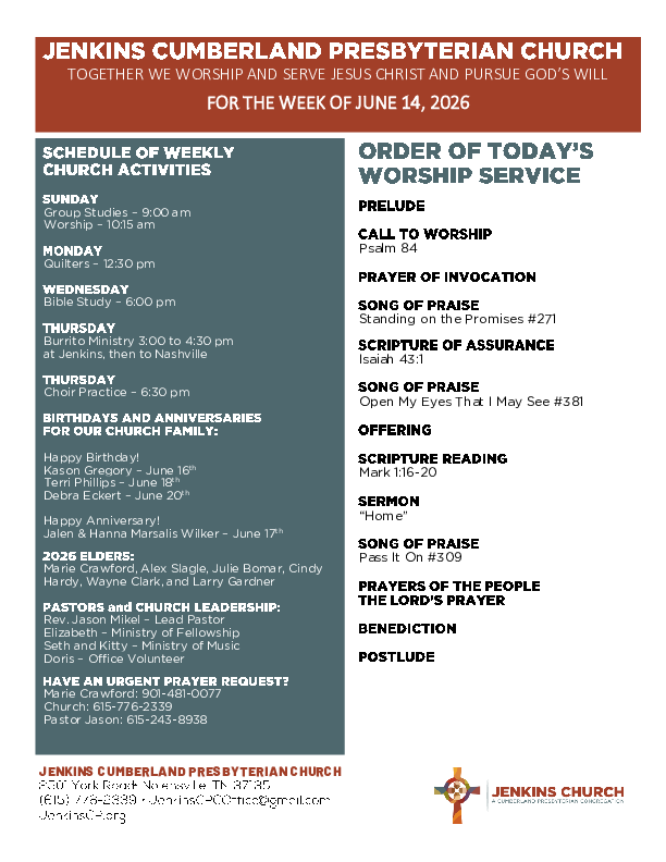 06/14/2026 Weekly Newsletter containing sermon Mark 1:9-20 Home