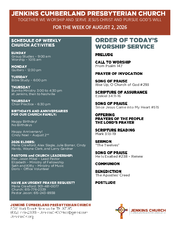 08/02/2026 Weekly Newsletter containing sermon Mark 3:13-19 The Twelves