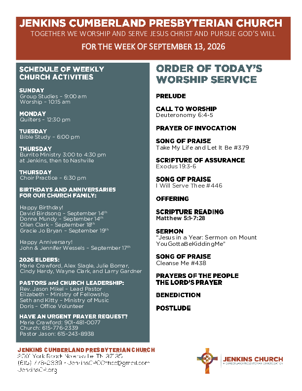 09/13/2026 Weekly Newsletter containing sermon Matthew 5:1-7:28 Sermon on Mount YouGottaBeKiddingMe