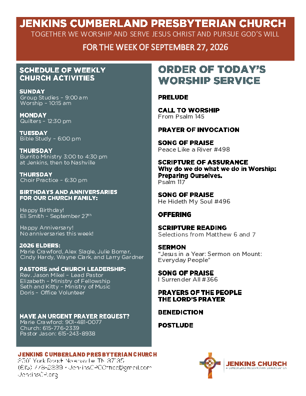 09/27/2026 Weekly Newsletter containing sermon Selections from Matt 6 and 7: Sermon on Mount: Everyday People